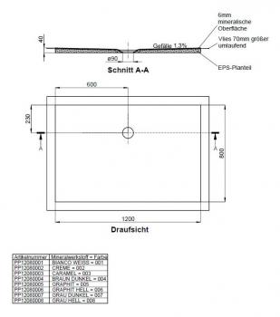Schedel barriere freie Dusche - Duschboard - Duschwanne Mineraloberfläche 001 1200x800 mm Ablaufposition 600/230 mm